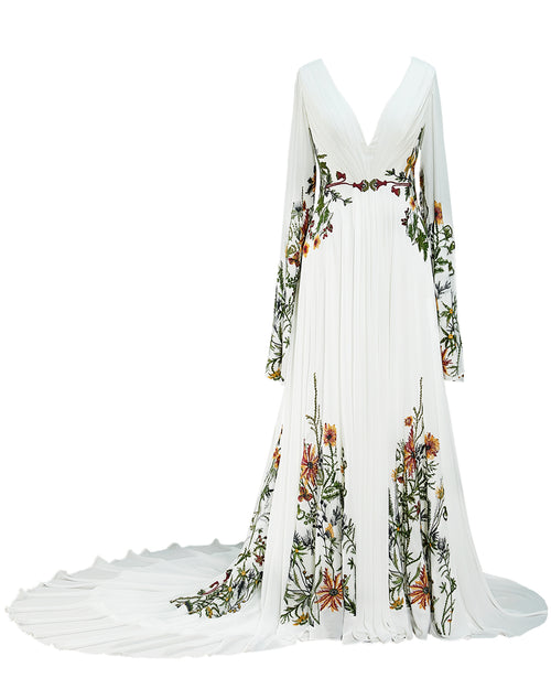 Sspbridal Women Boho Floral Wedding Dress Long Sleeve