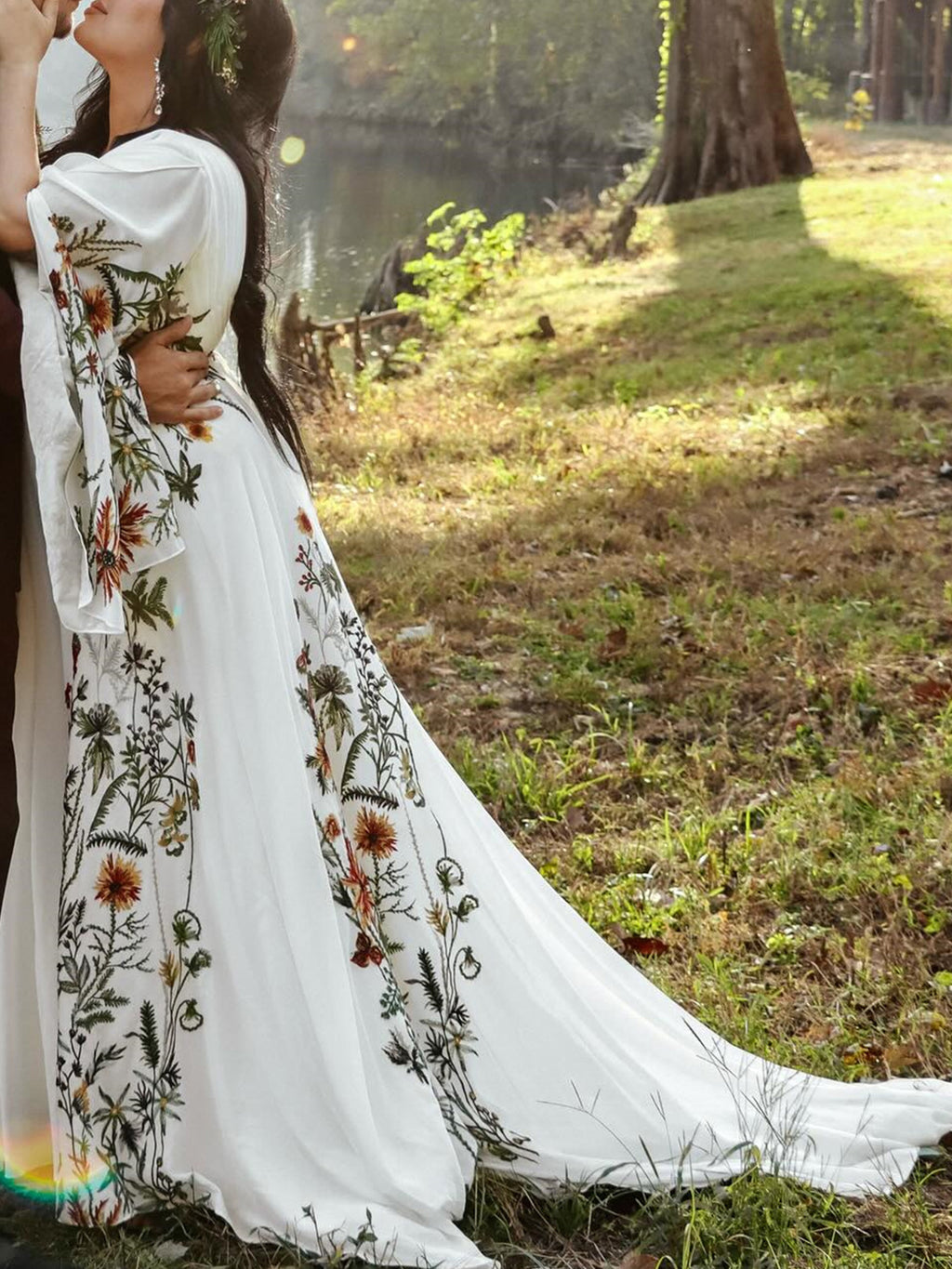 Sspbridal Women Boho Floral Wedding Dress Long Sleeve