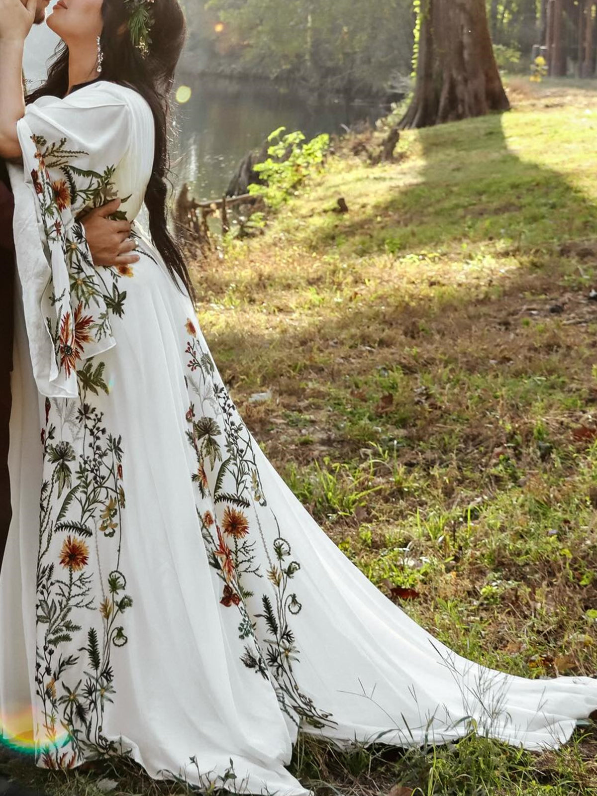 Sspbridal Women Boho Floral Wedding Dress Long Sleeve
