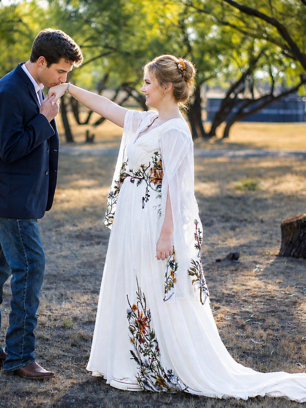 Sspbridal Women Boho Floral Wedding Dress Long Sleeve